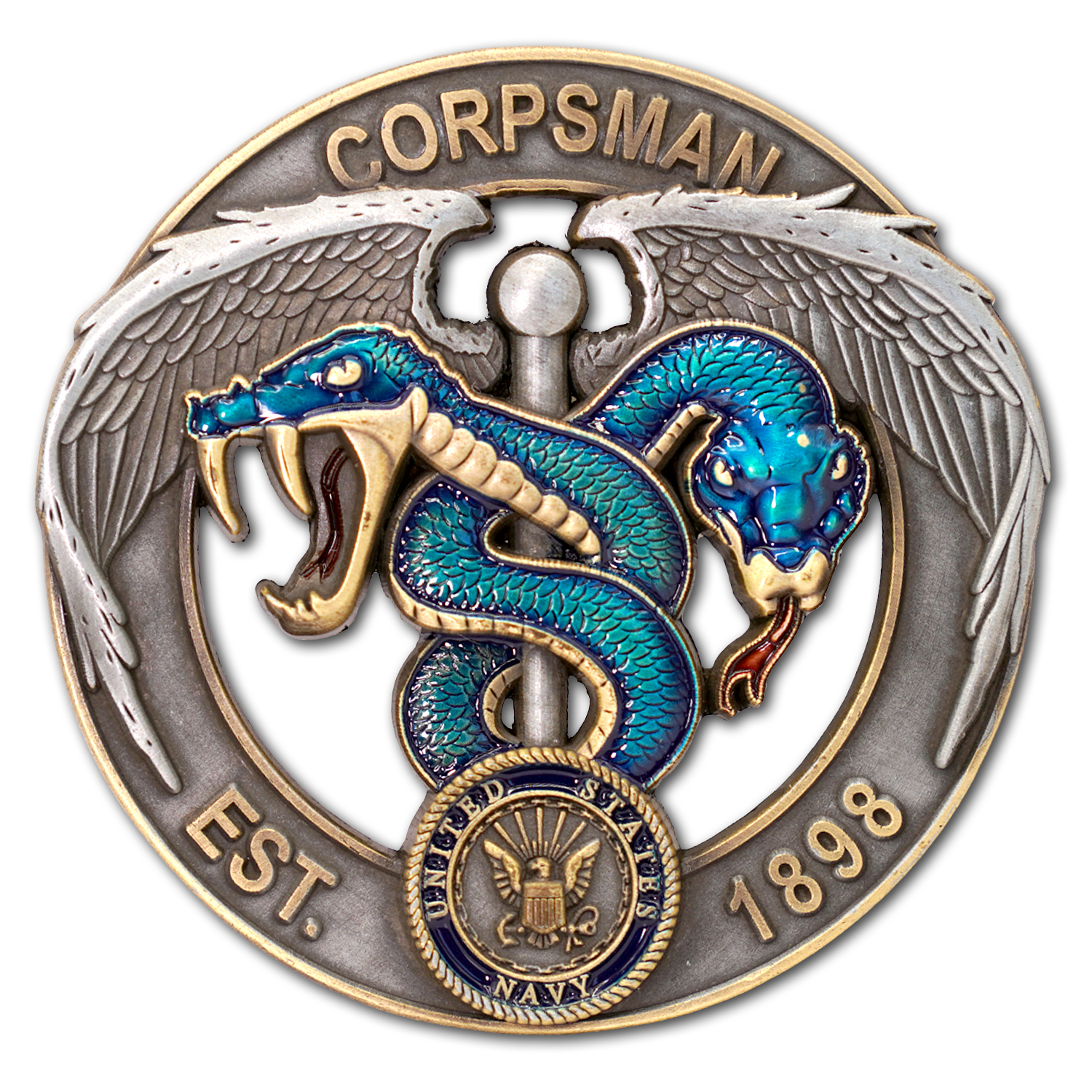 US Navy Corpsman Devil Doc Green Blue Caduceus Flip Collectible Challenge Coin