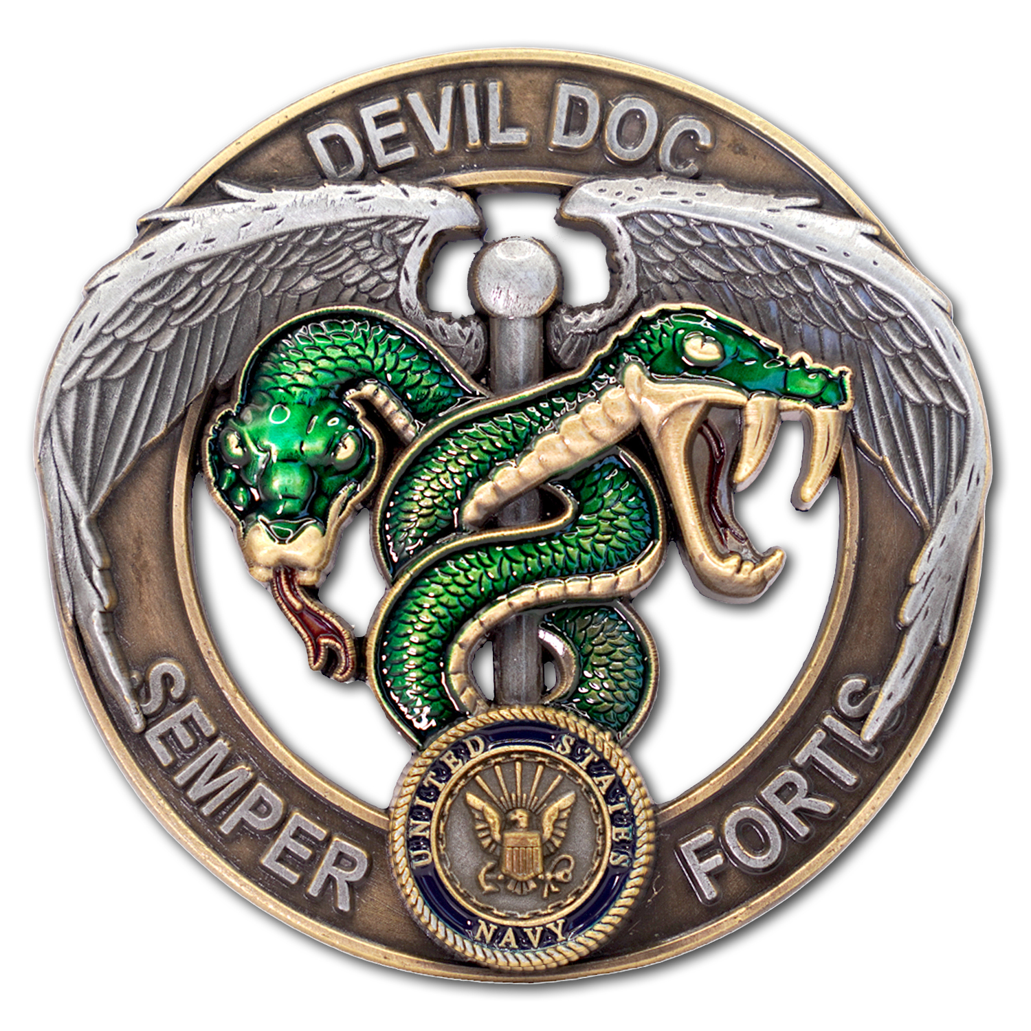 US Navy Corpsman Devil Doc Green Blue Caduceus Flip Collectible Challenge Coin