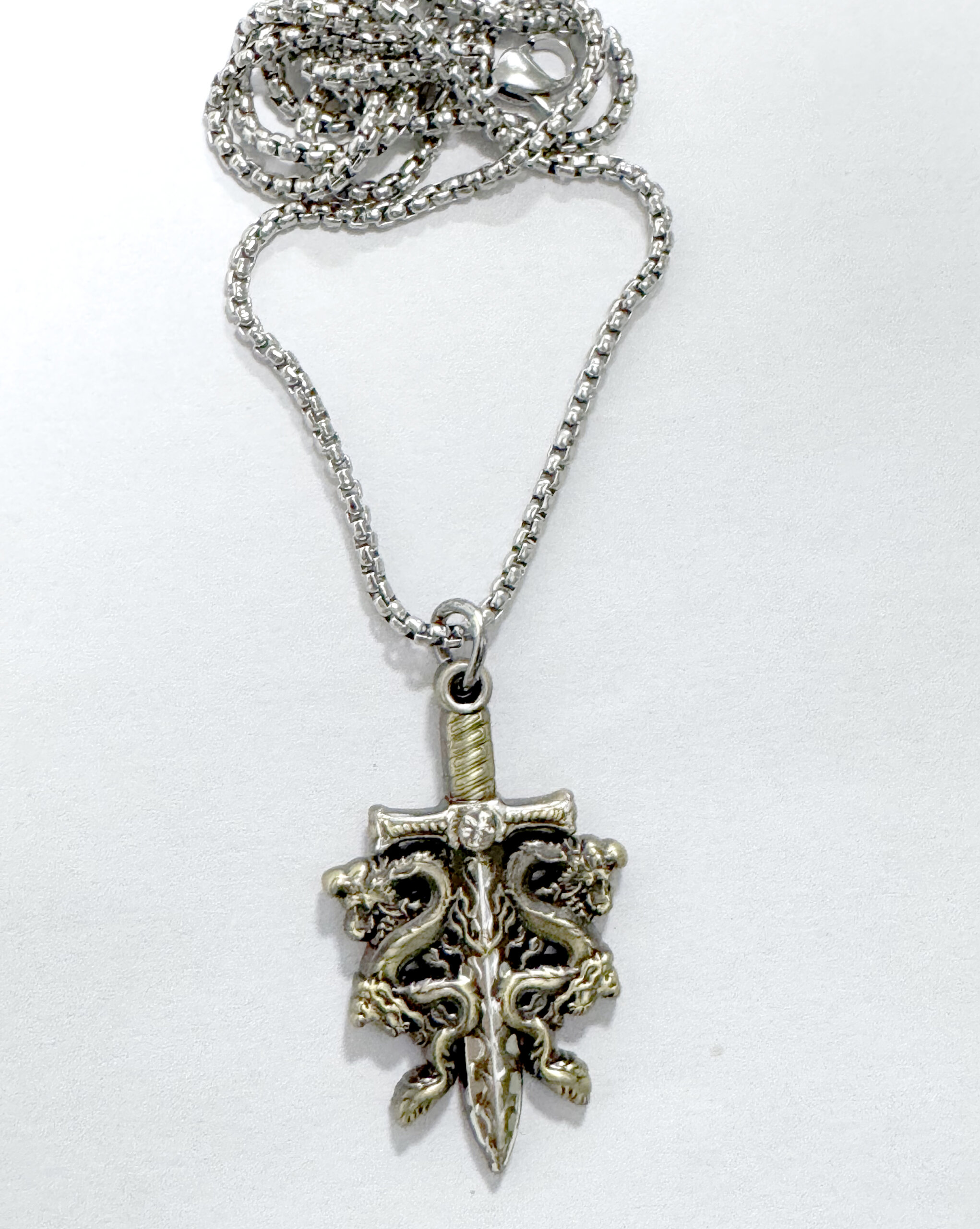 Sword and Double Dragons 24k Gold and Sterling Silver Necklace Jewelry with Chain