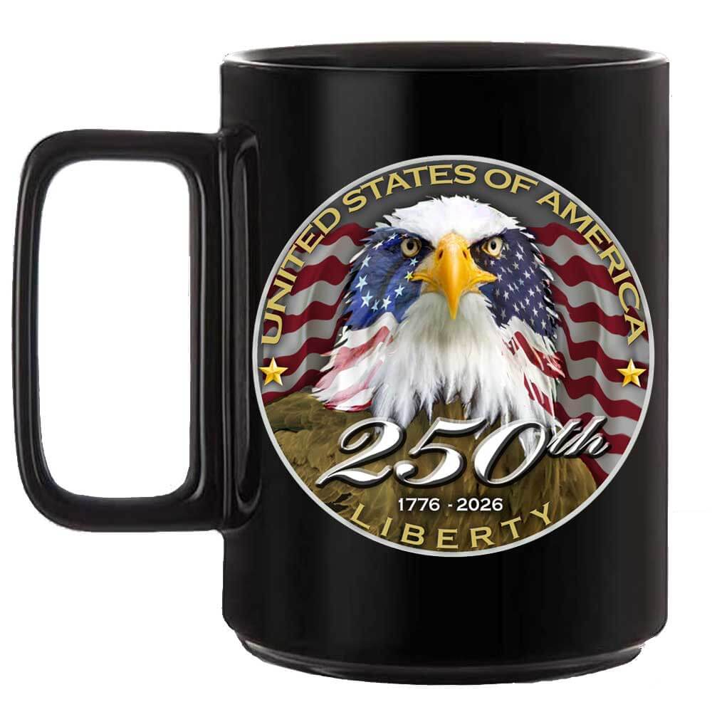 USA 250th Anniversary Patriotic Spirit of America United States Of America Black 15 oz Ceramic Custom Coffee Mug