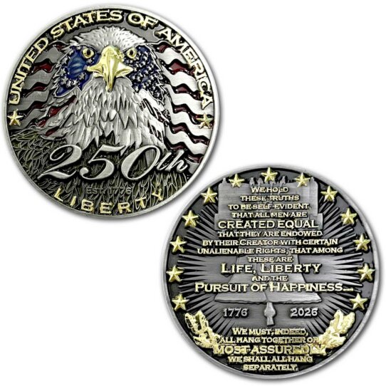 USA 250th Anniversary Birthday Spirit of 76 Patriotic Veteran Collectible Challenge Coin