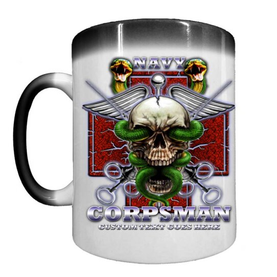 Corpsman Caduceus Skull Navy Veteran Heat Activated 15 oz Ceramic Custom Coffee Mug