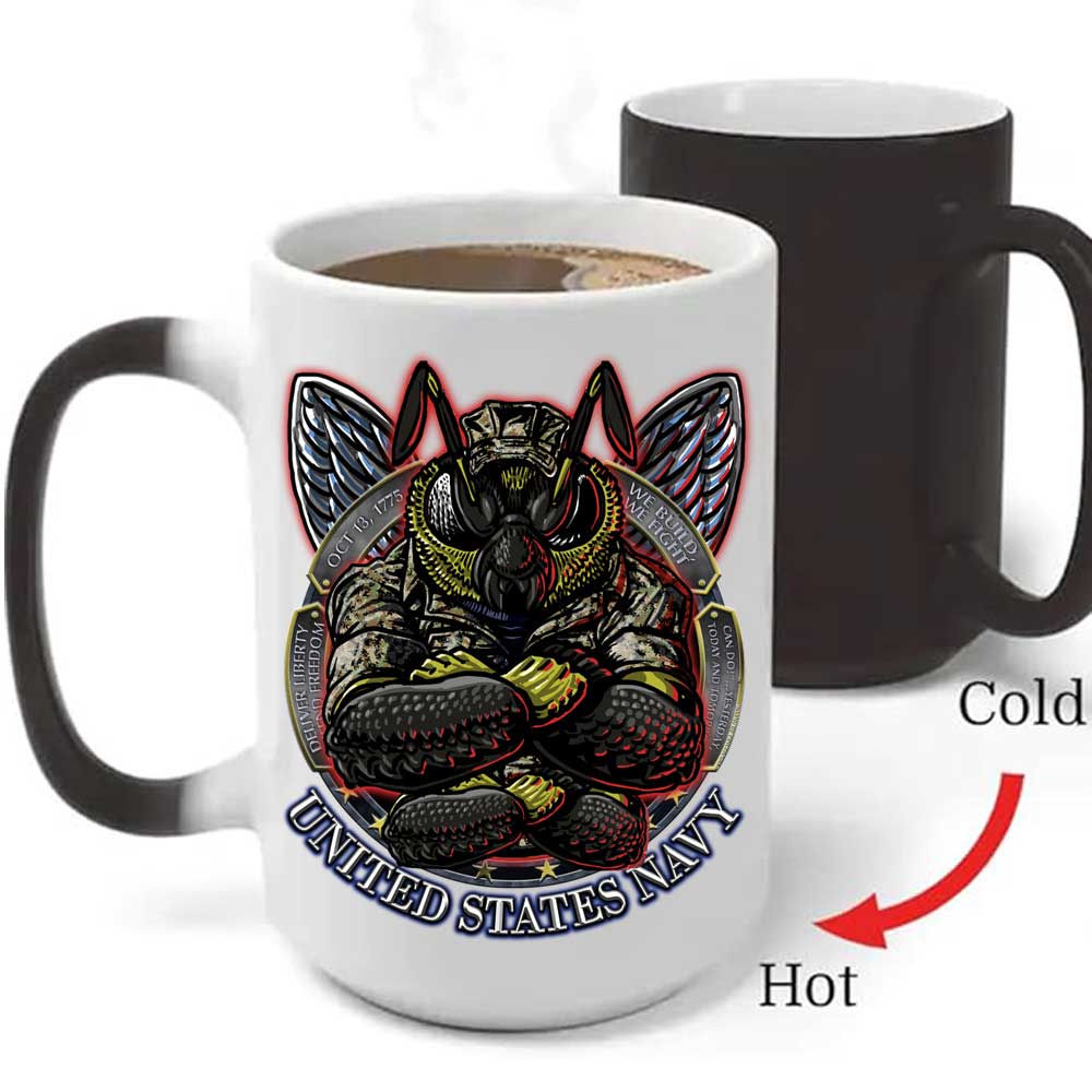 Seabees Battle Bee The Sea Is Ours Navy Veteran Heat Activated 15 oz Ceramic Custom Coffee Mug