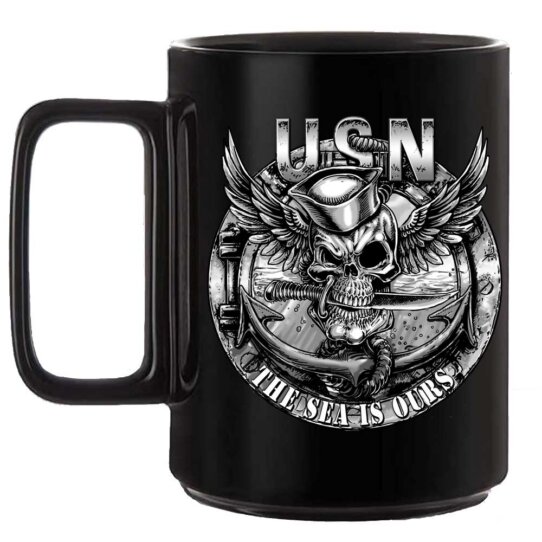 Navy Jolly Roger Skull The Sea is Ours Veteran 15oz Black or White Custom Coffee Mug