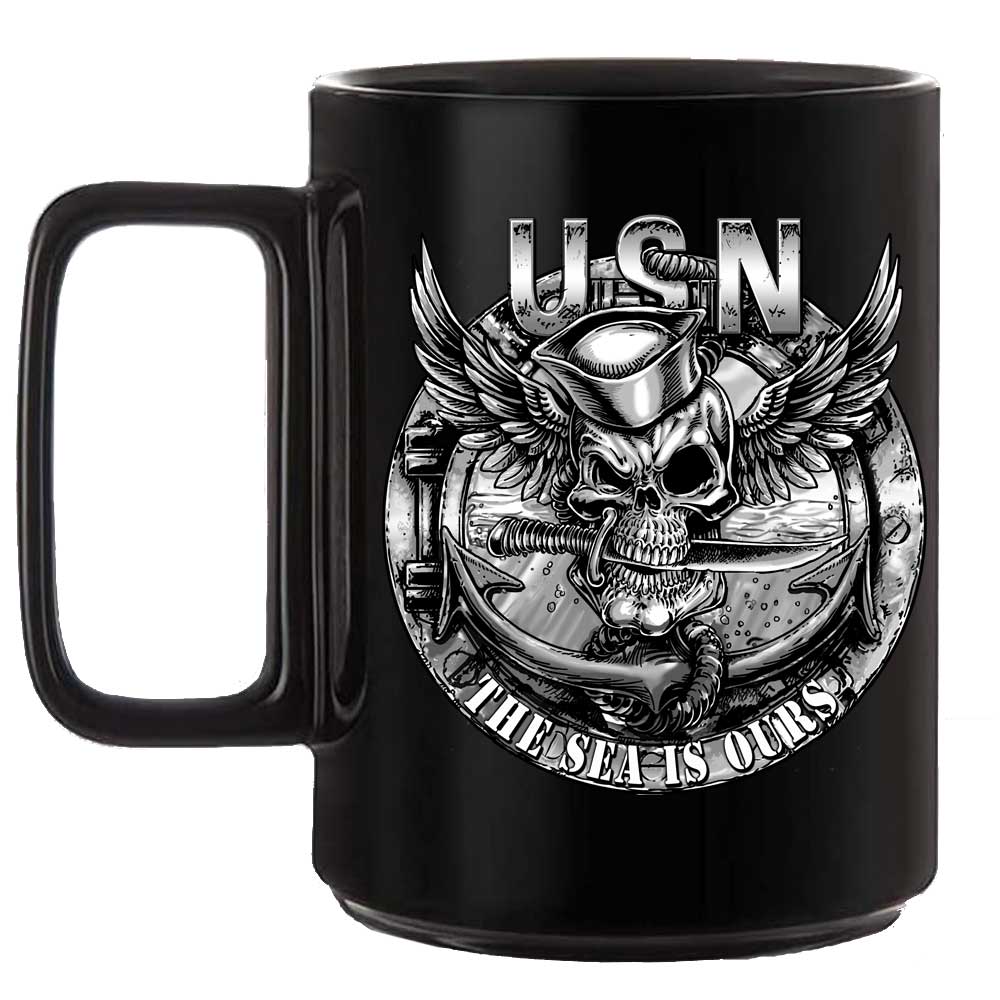 Navy Jolly Roger Skull The Sea is Ours Veteran 15oz Black or White Custom Coffee Mug