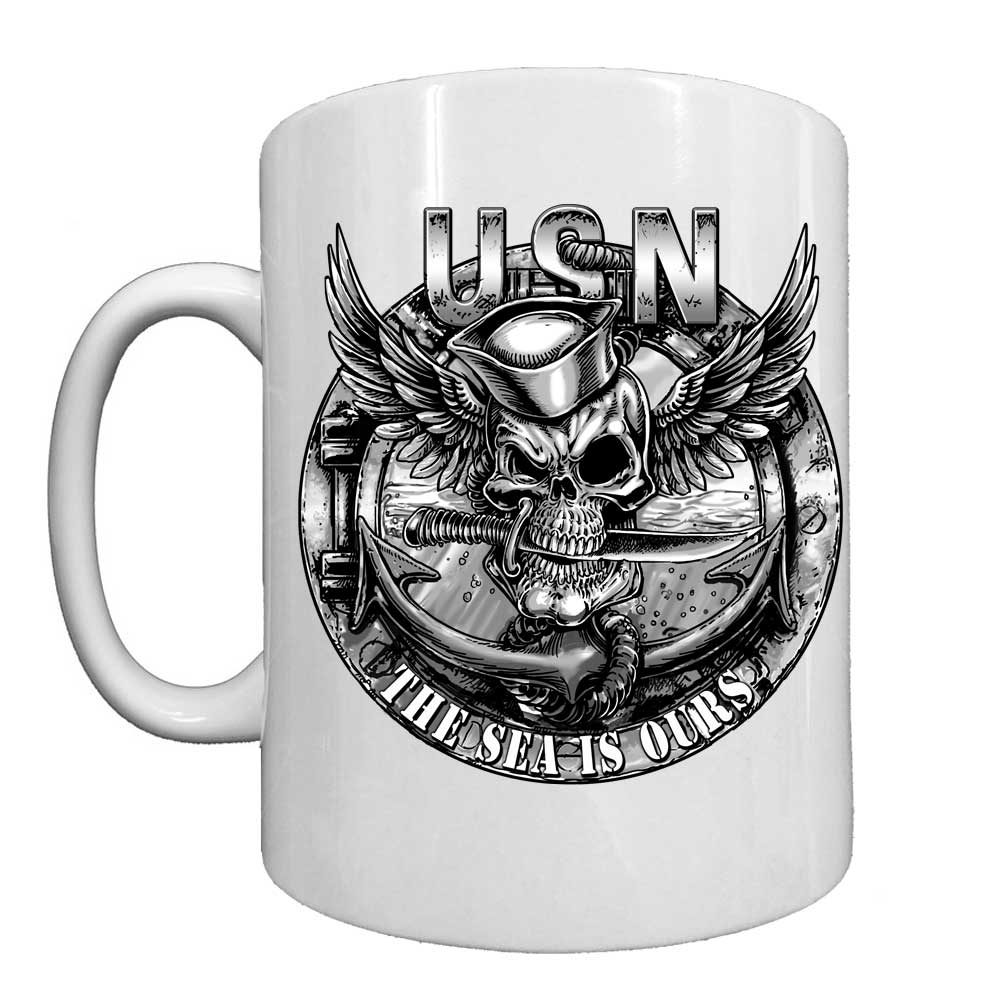Navy Jolly Roger Skull The Sea is Ours Veteran 15oz Black or White Custom Coffee Mug