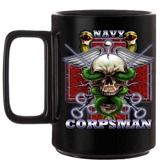 Navy Corpsman Crossed Syringes Jolly Roger Caduceus Veteran 15oz Black or White Custom Coffee Mug