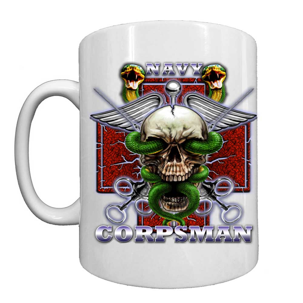 Navy Corpsman Crossed Syringes Jolly Roger Caduceus Veteran 15oz Black or White Custom Coffee Mug