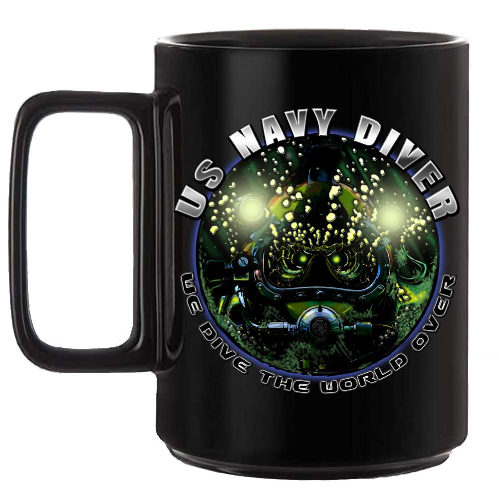Navy Diver We Dive the World Round Veteran 15oz Black or White Custom Coffee Mug