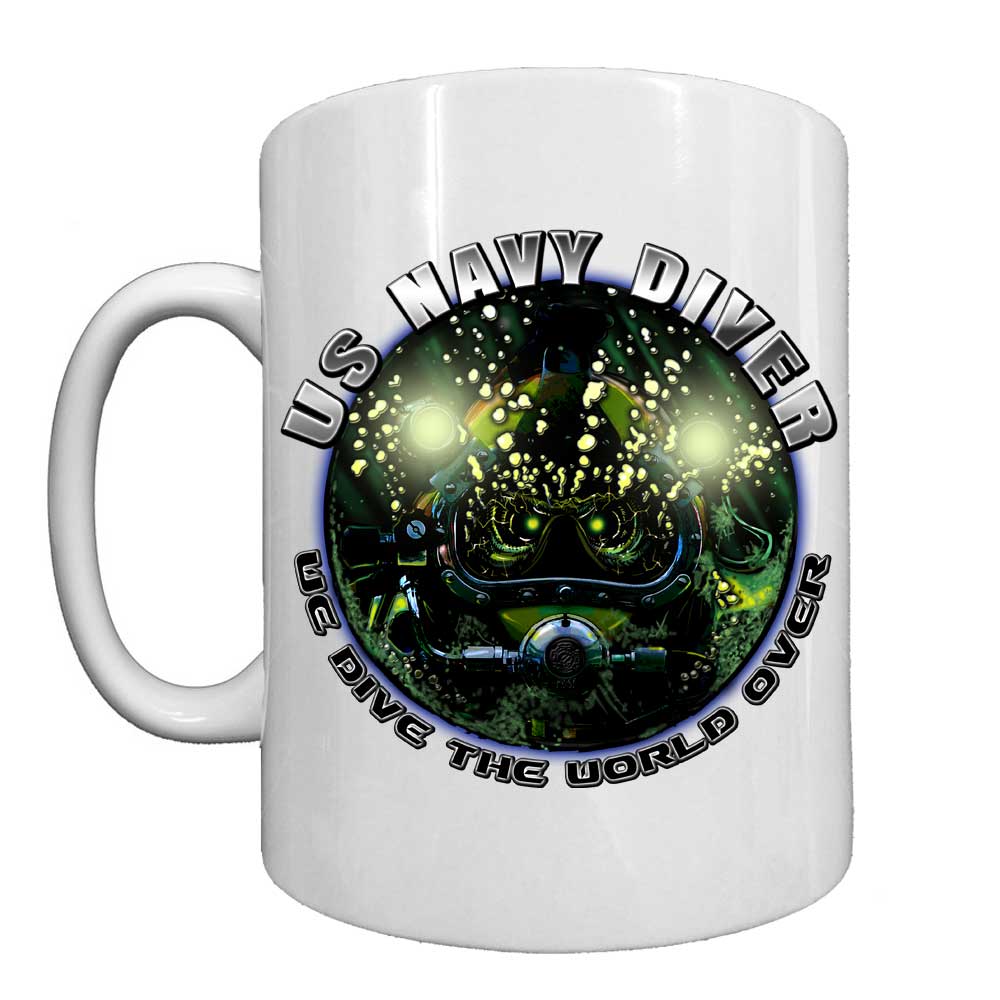 Navy Diver We Dive the World Round Veteran 15oz Black or White Custom Coffee Mug