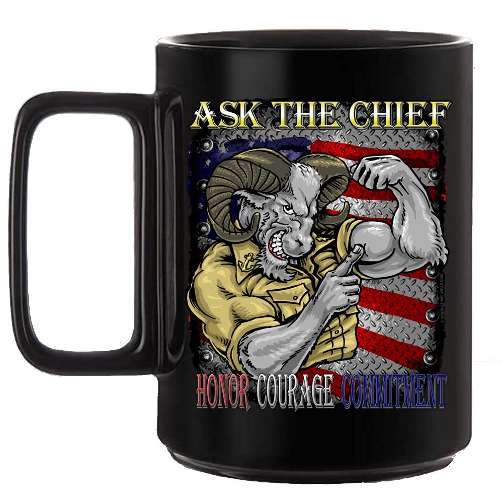 Ask the Chief Honor Courage Commitment Navy Veteran Black or White 15 oz Custom Coffee Mug