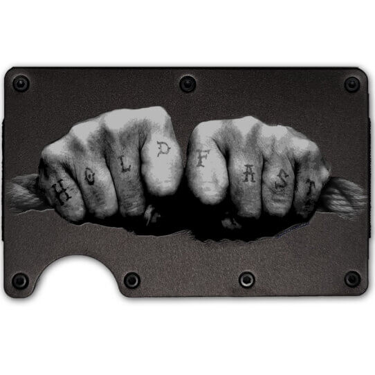 Hold Fast Tattooed Knuckles Laser Engraved Metal-Plate Cardholder Navy Men’s Wallet